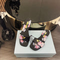 PRADA PRINTED SLIDES SLIPPERS BLACK SATIN