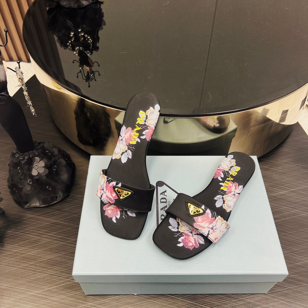 PRADA PRINTED SLIDES SLIPPERS BLACK SATIN
