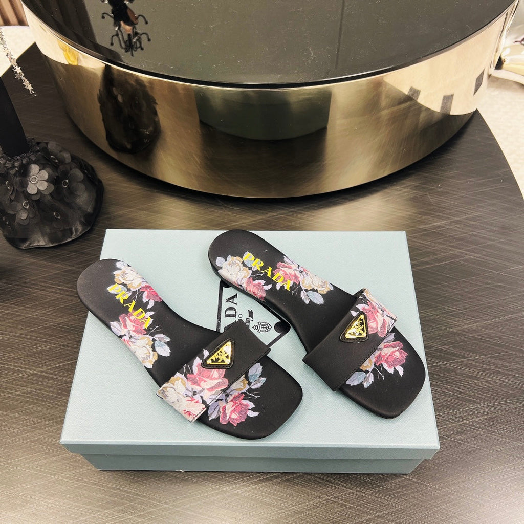 PRADA PRINTED SLIDES SLIPPERS BLACK SATIN