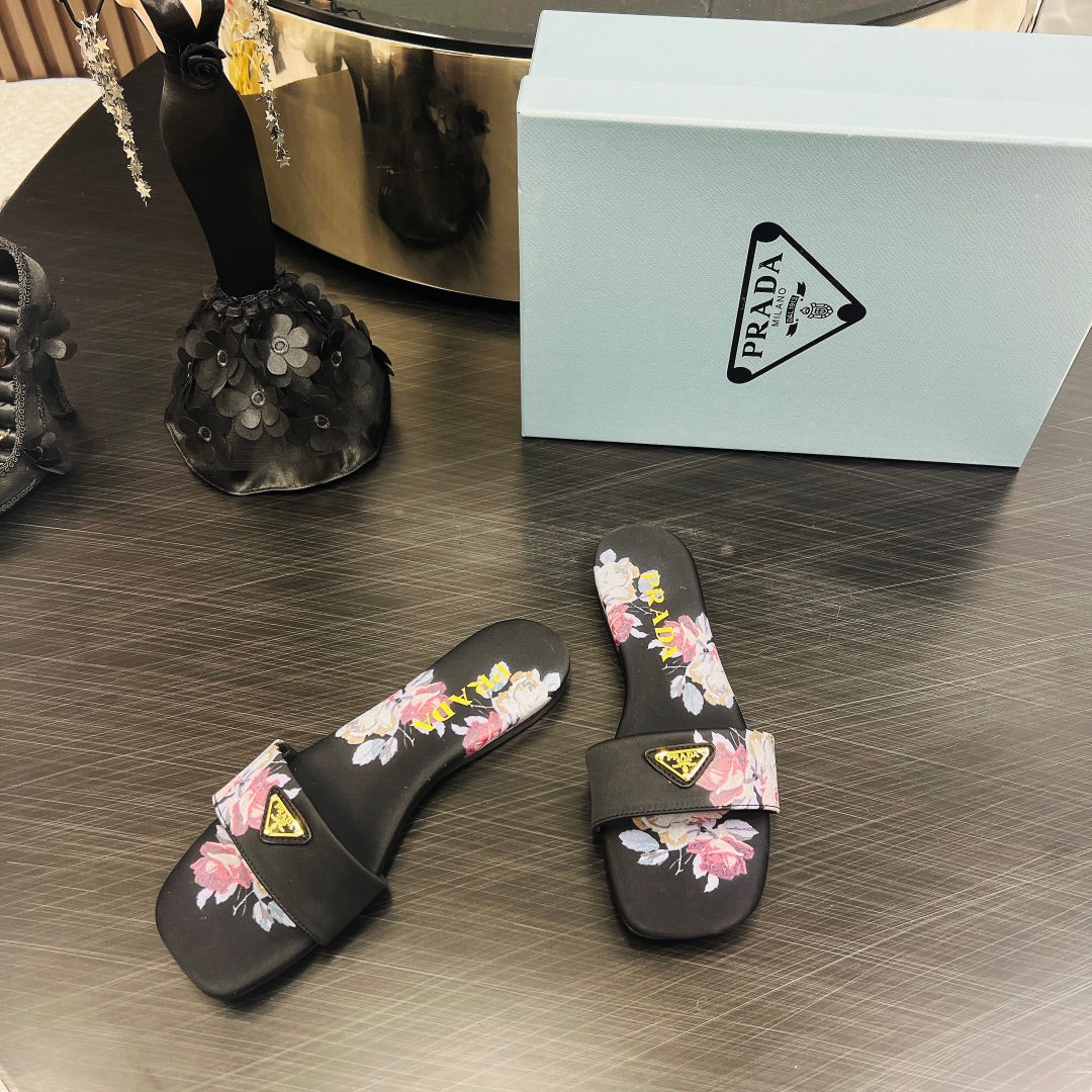PRADA PRINTED SLIDES SLIPPERS BLACK SATIN