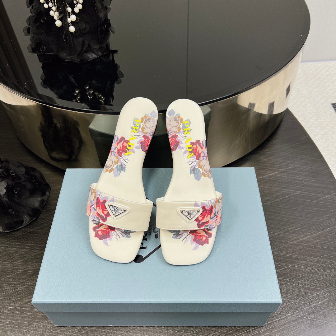 PRADA PRINTED SLIDES SLIPPERS WHITE SATIN
