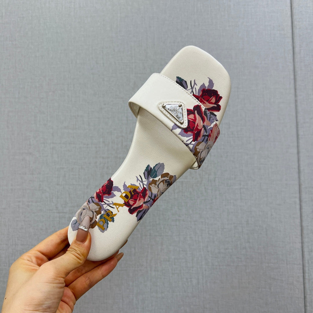 PRADA PRINTED SLIDES SLIPPERS WHITE SATIN