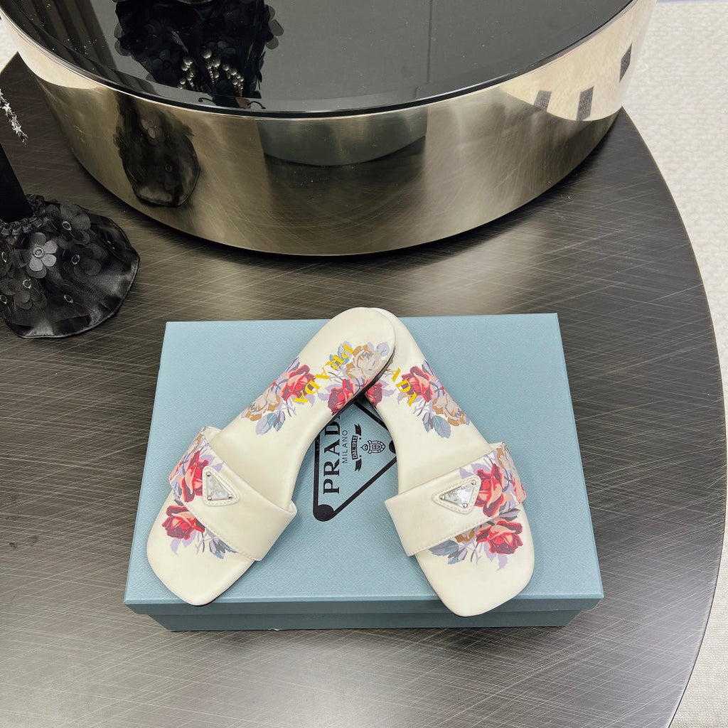 PRADA PRINTED SLIDES SLIPPERS WHITE SATIN