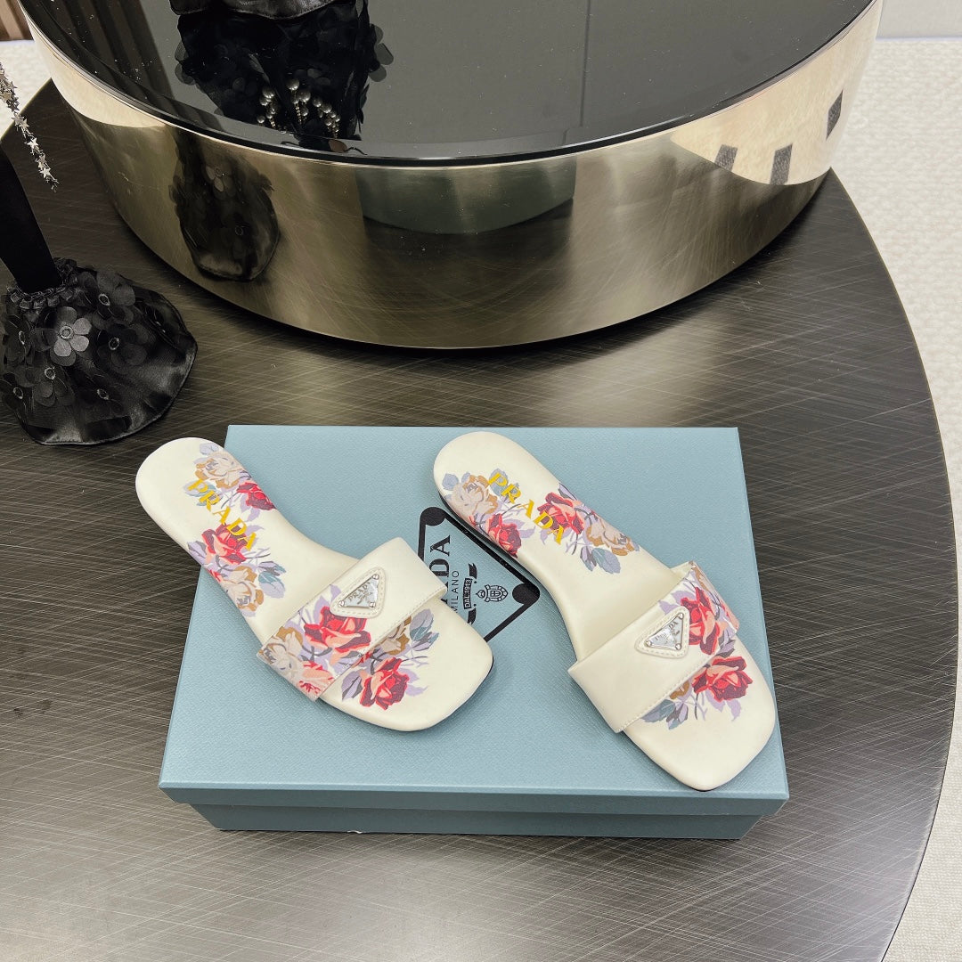 PRADA PRINTED SLIDES SLIPPERS WHITE SATIN