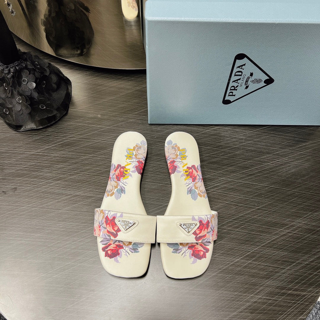 PRADA PRINTED SLIDES SLIPPERS WHITE SATIN