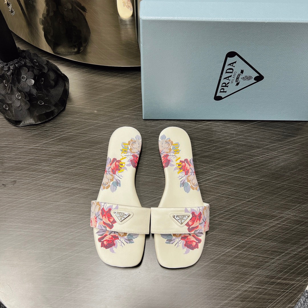 PRADA PRINTED SLIDES SLIPPERS WHITE SATIN