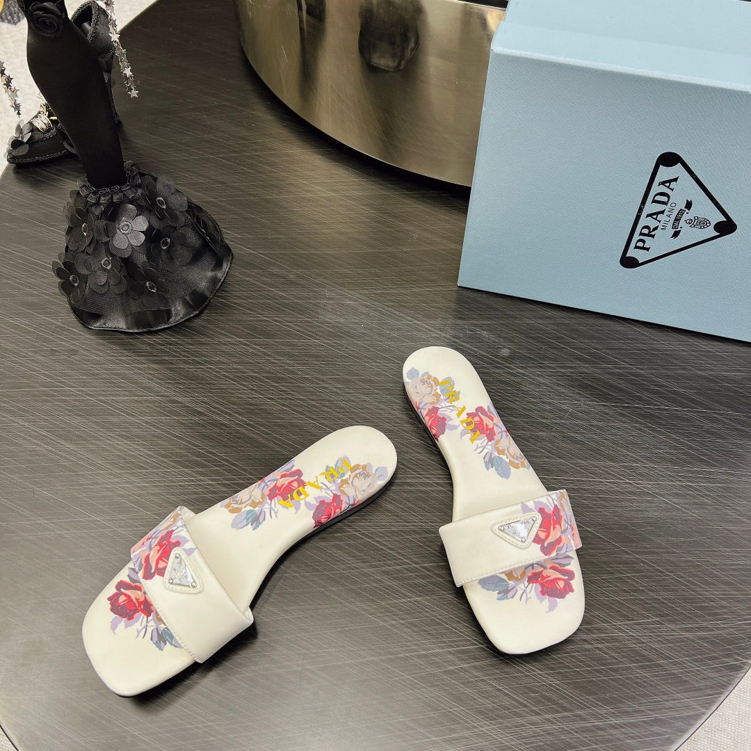 PRADA PRINTED SLIDES SLIPPERS WHITE SATIN