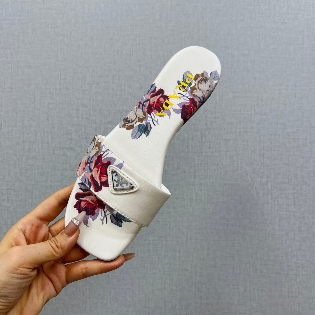 PRADA PRINTED SLIDES SLIPPERS WHITE SATIN