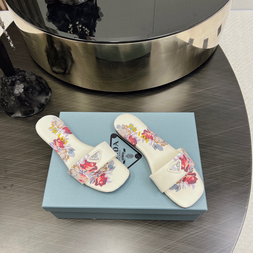 PRADA PRINTED SLIDES SLIPPERS WHITE SATIN