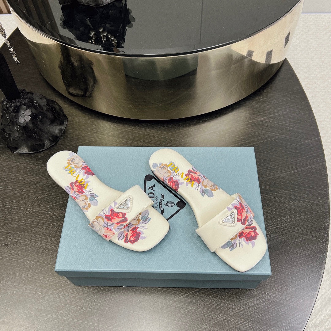 PRADA PRINTED SLIDES SLIPPERS WHITE SATIN
