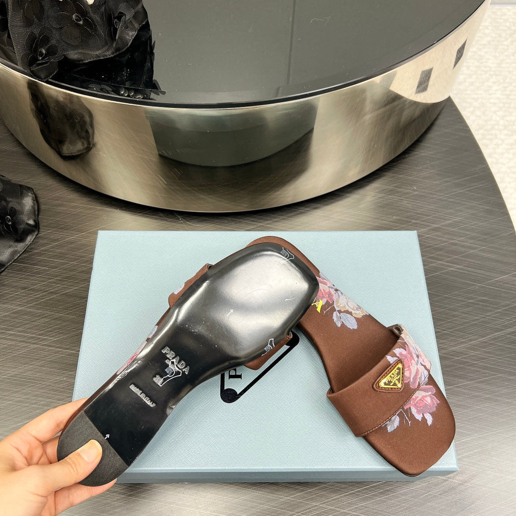 PRADA PRINTED SLIDES SLIPPERS CINNAMON SATIN