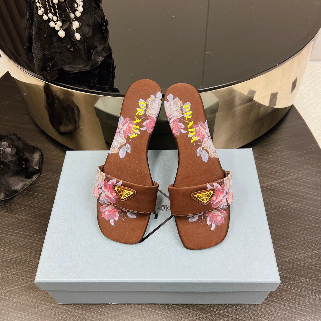 PRADA PRINTED SLIDES SLIPPERS CINNAMON SATIN