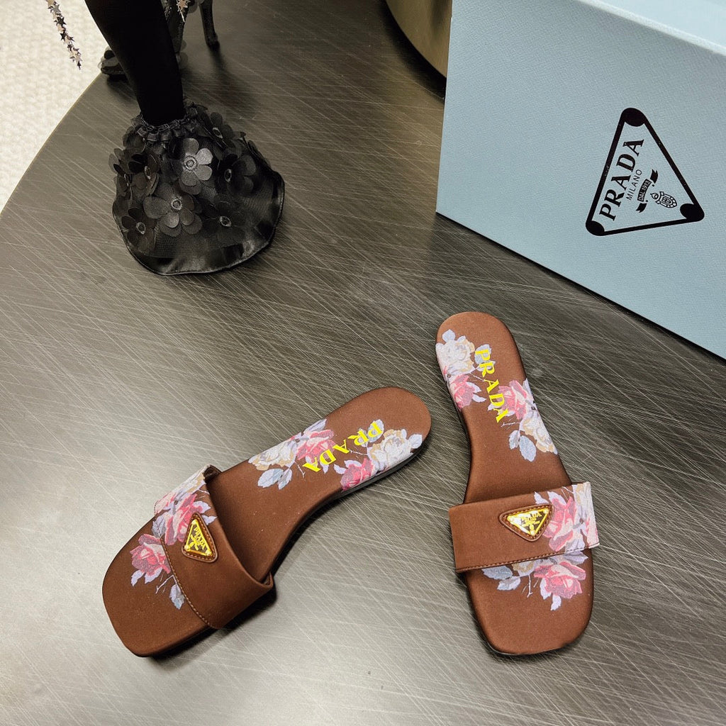 PRADA PRINTED SLIDES SLIPPERS CINNAMON SATIN