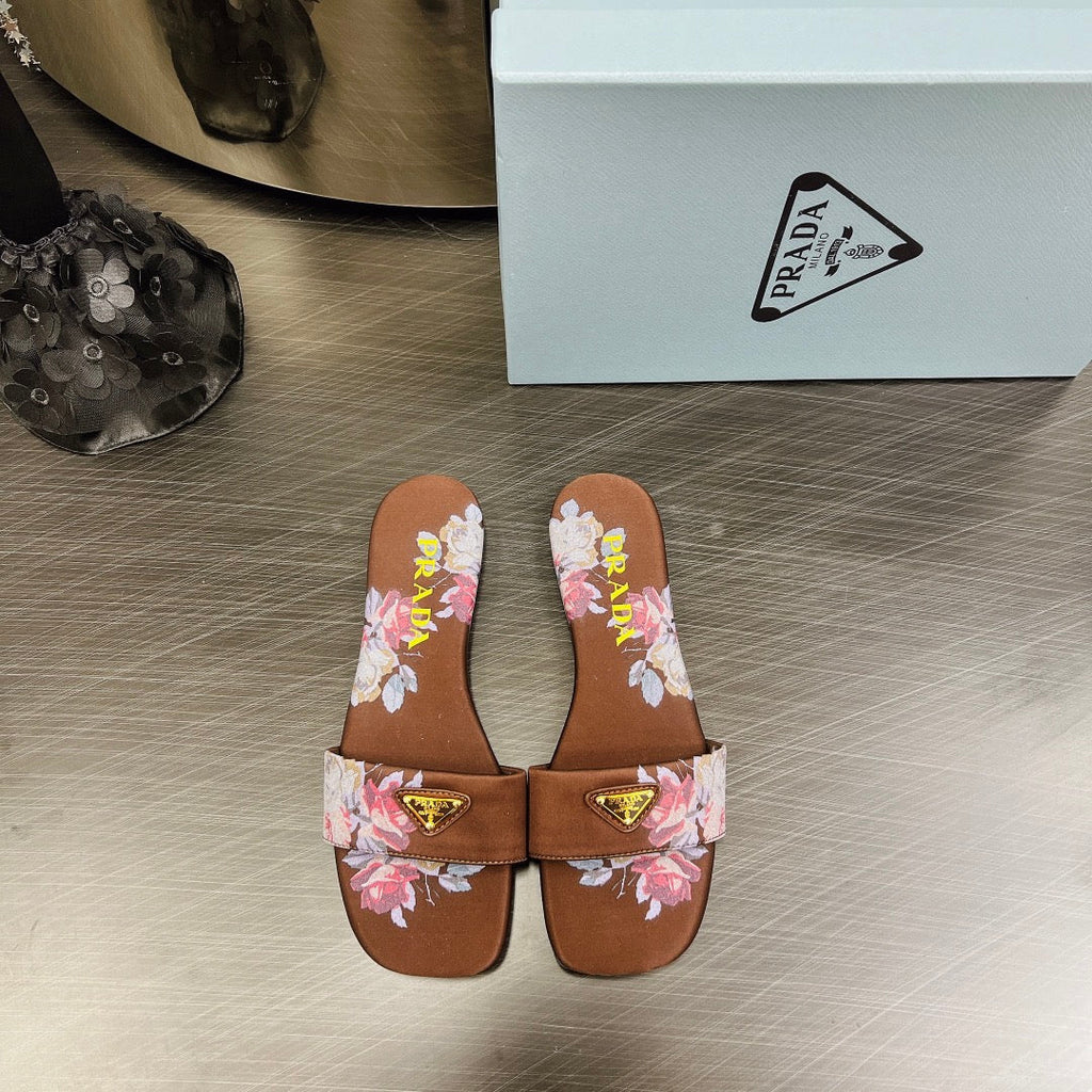 PRADA PRINTED SLIDES SLIPPERS CINNAMON SATIN