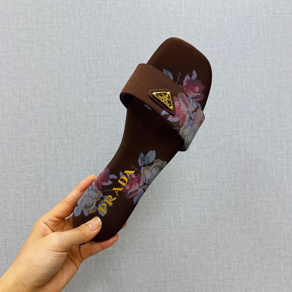 PRADA PRINTED SLIDES SLIPPERS CINNAMON SATIN