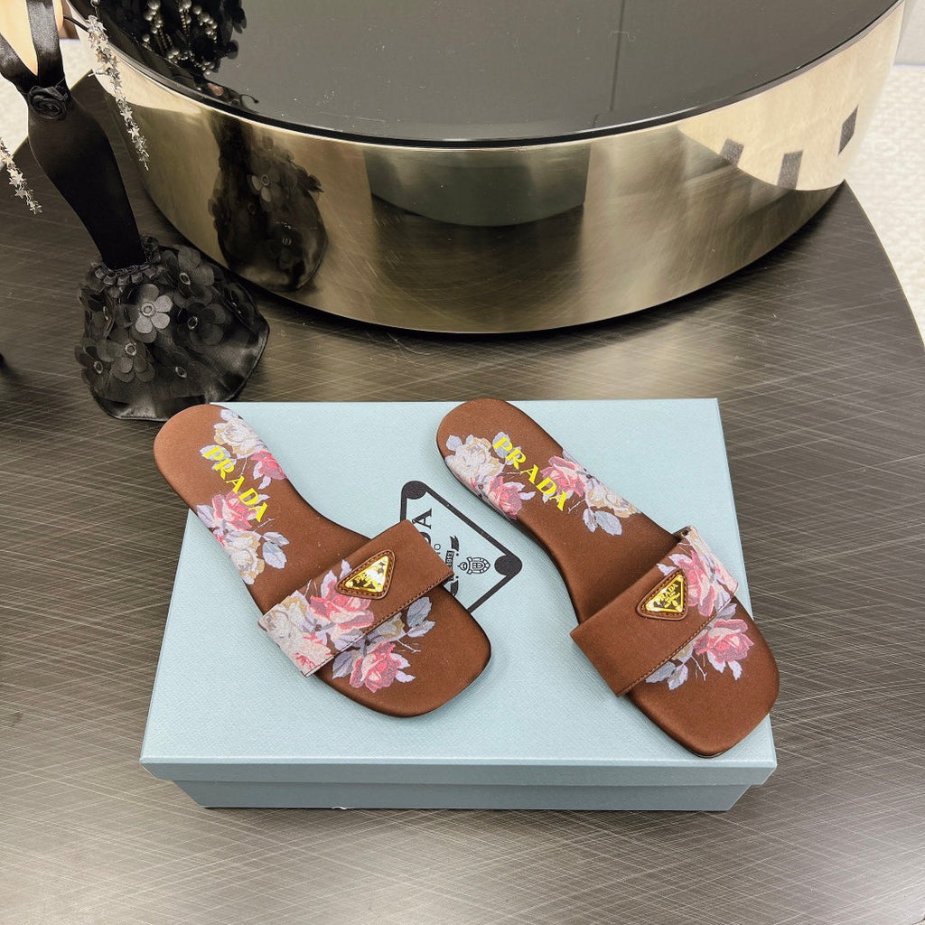 PRADA PRINTED SLIDES SLIPPERS CINNAMON SATIN