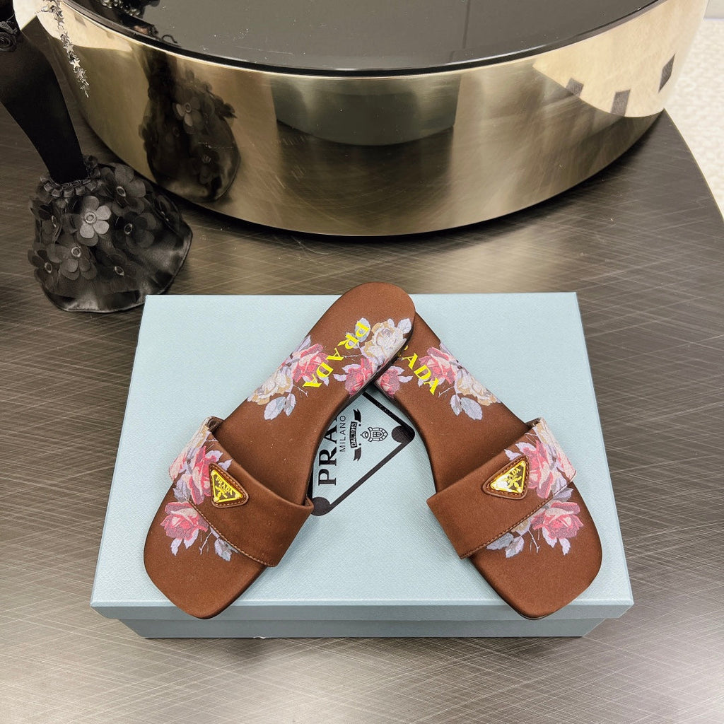 PRADA PRINTED SLIDES SLIPPERS CINNAMON SATIN