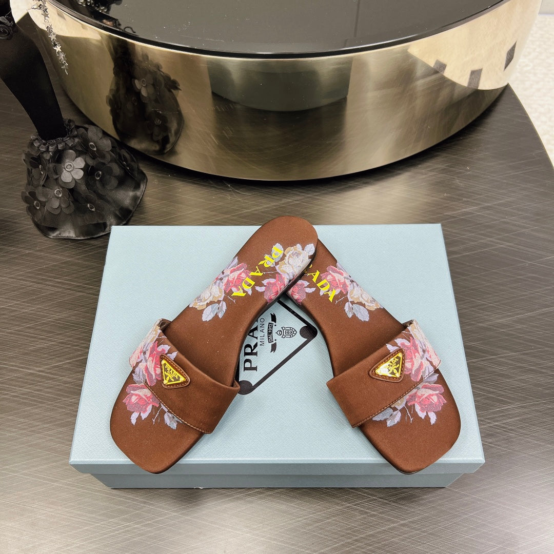 PRADA PRINTED SLIDES SLIPPERS CINNAMON SATIN