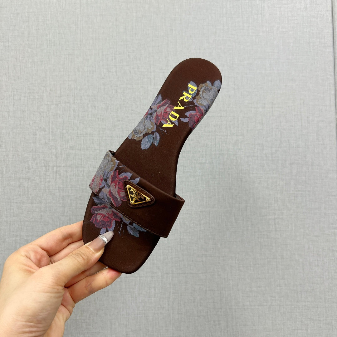 PRADA PRINTED SLIDES SLIPPERS CINNAMON SATIN