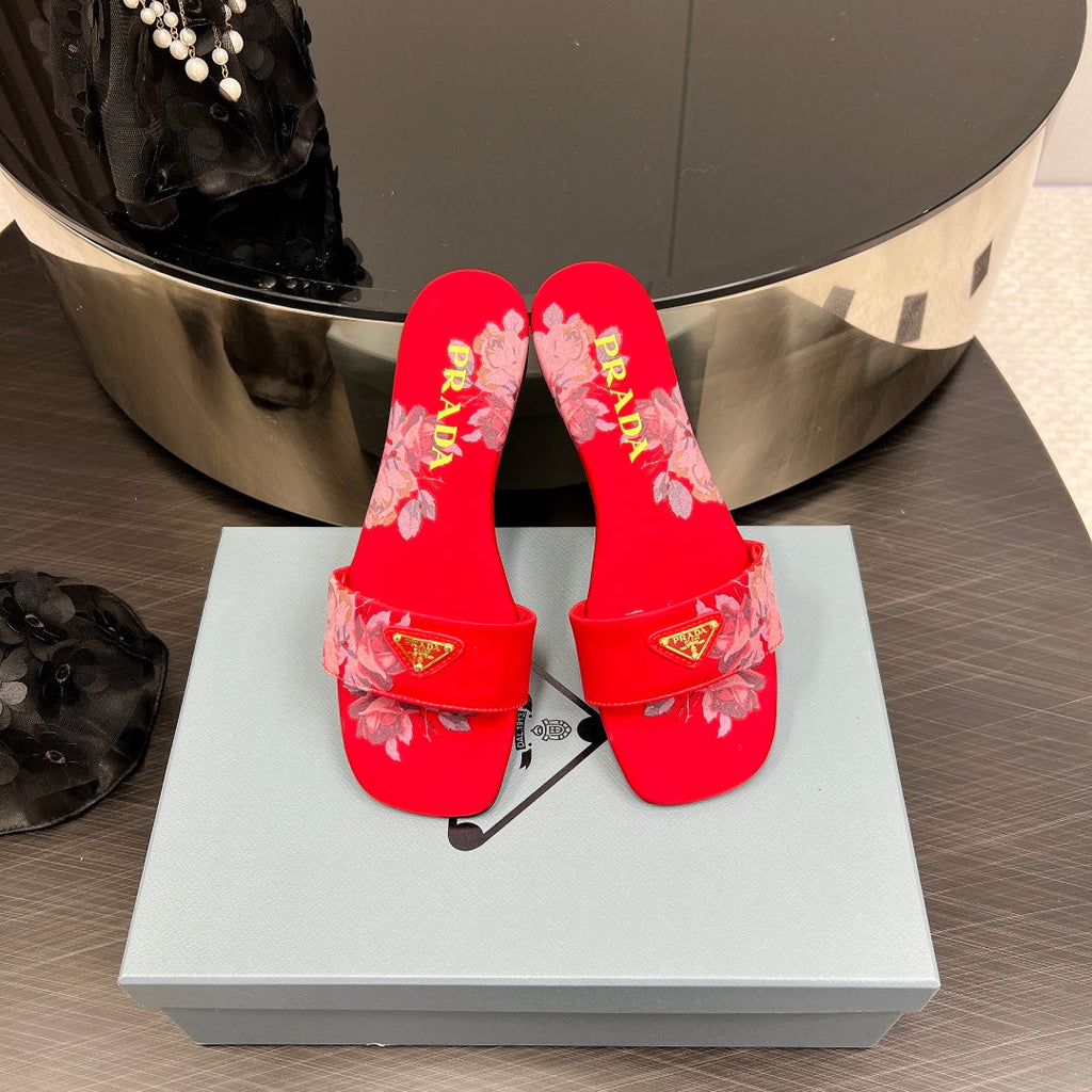 PRADA PRINTED SLIDES SLIPPERS RED SATIN