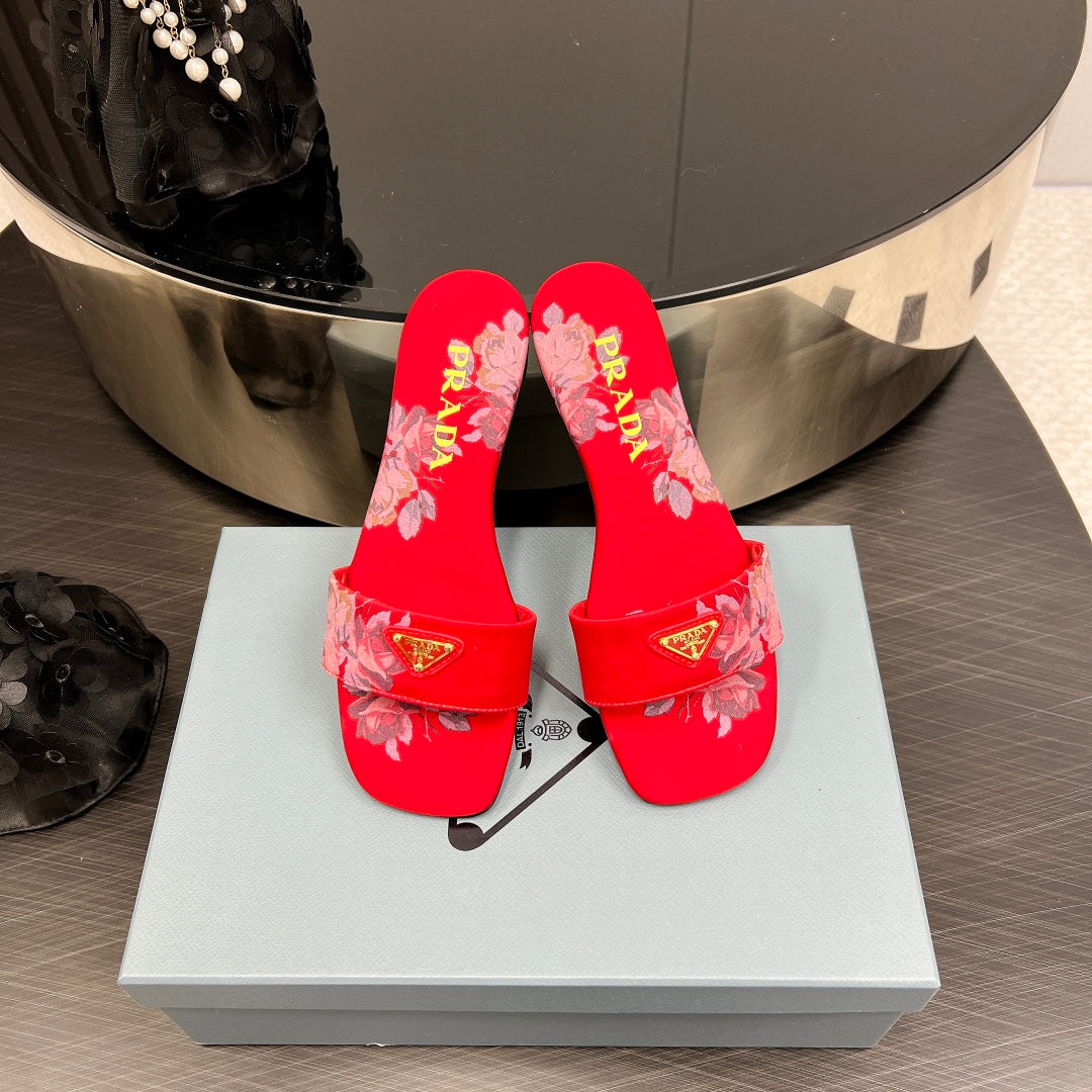 PRADA PRINTED SLIDES SLIPPERS RED SATIN