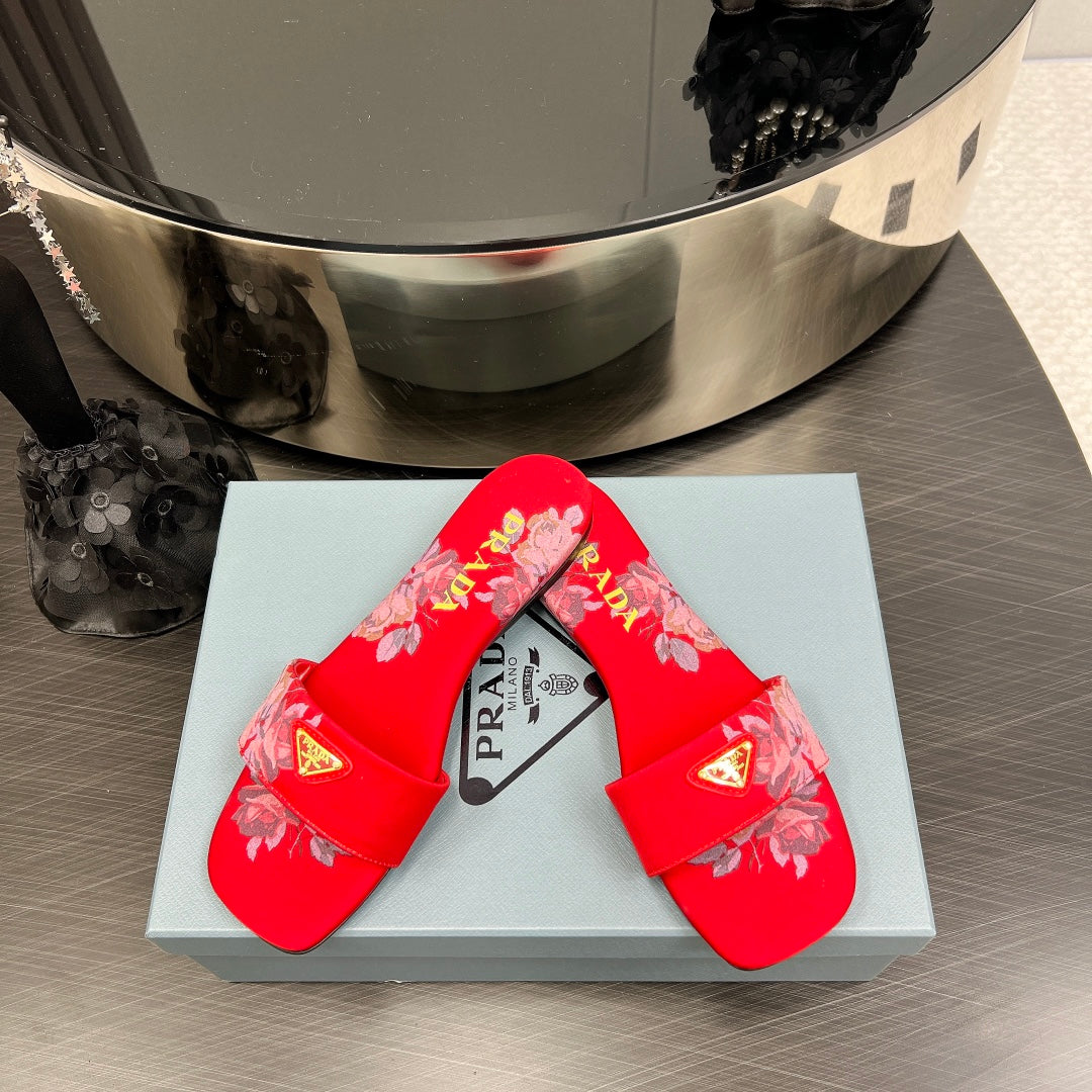 PRADA PRINTED SLIDES SLIPPERS RED SATIN