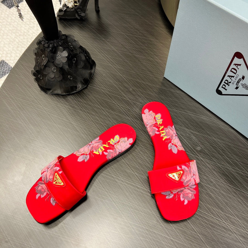 PRADA PRINTED SLIDES SLIPPERS RED SATIN