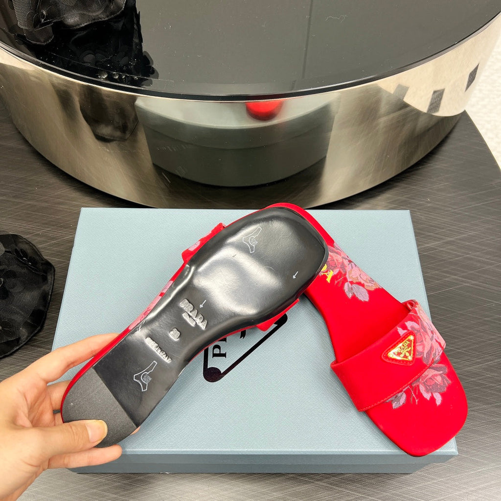 PRADA PRINTED SLIDES SLIPPERS RED SATIN