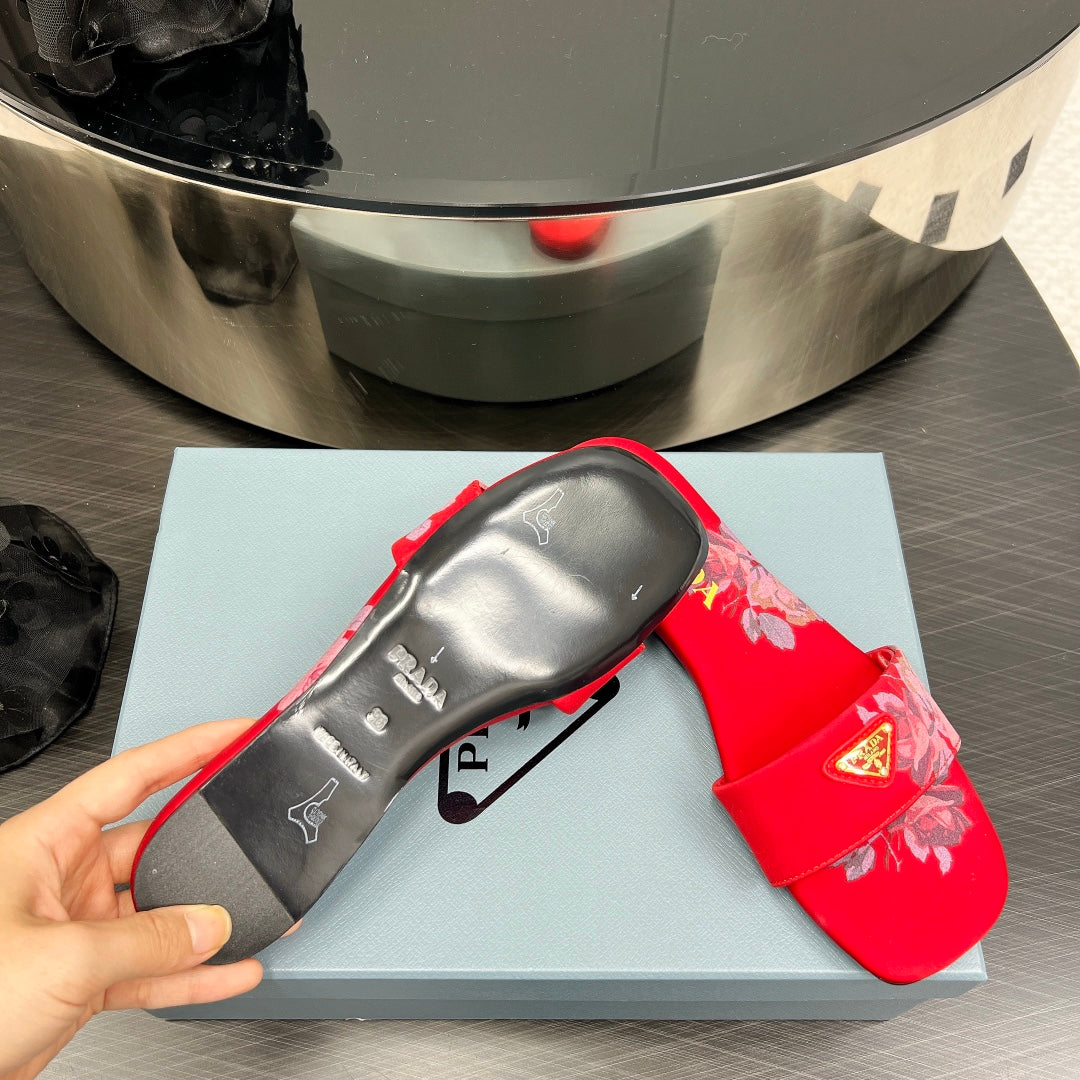 PRADA PRINTED SLIDES SLIPPERS RED SATIN
