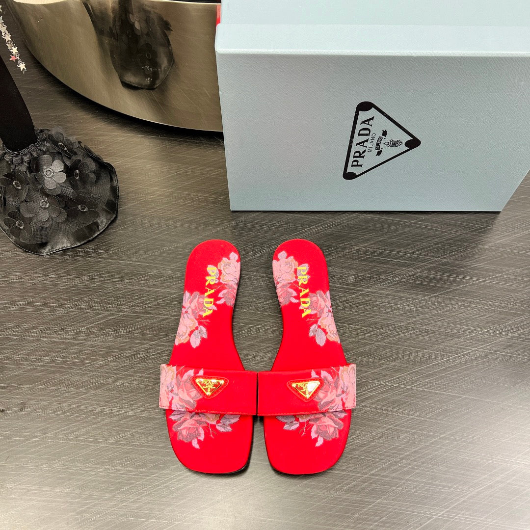 PRADA PRINTED SLIDES SLIPPERS RED SATIN