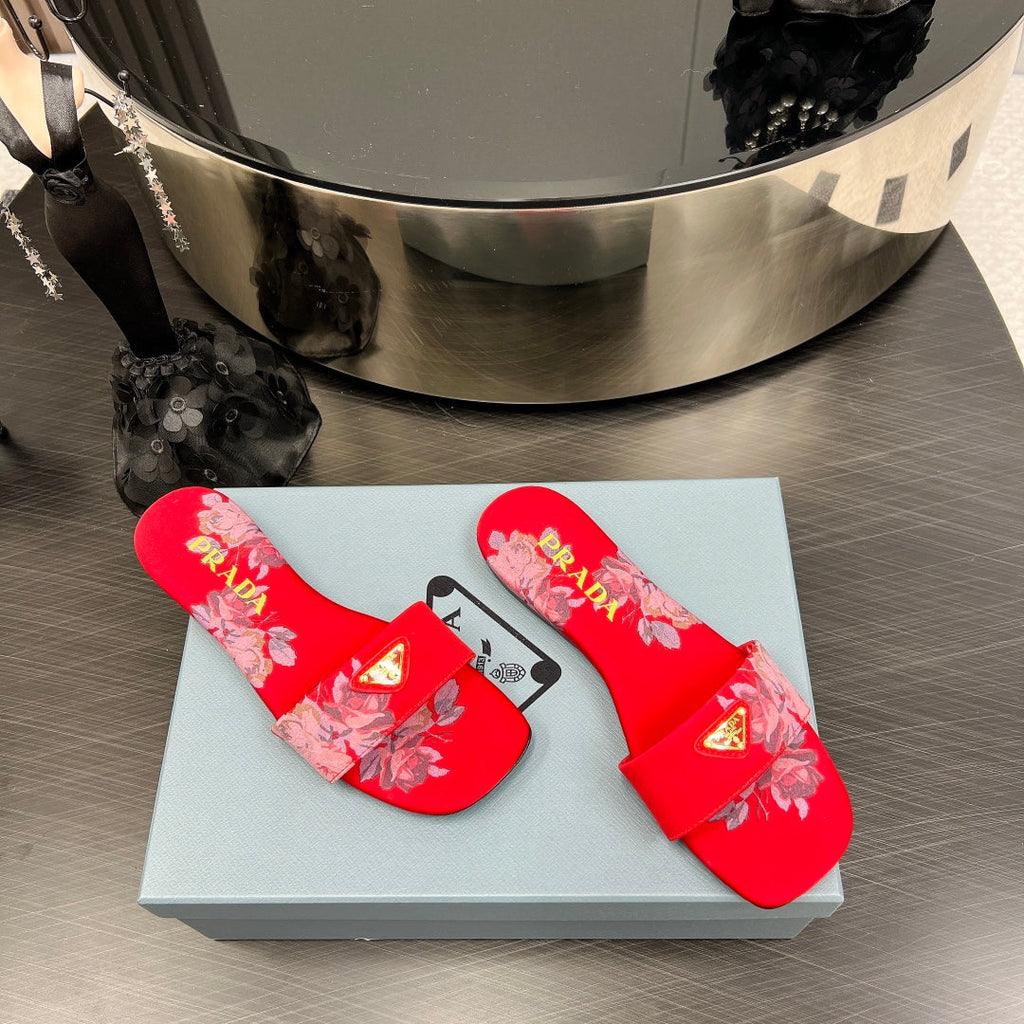PRADA PRINTED SLIDES SLIPPERS RED SATIN
