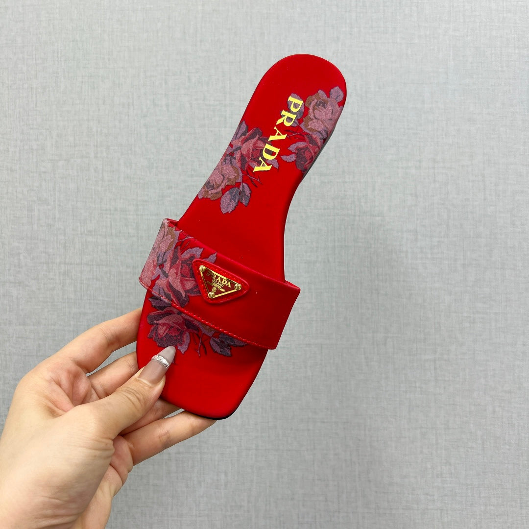 PRADA PRINTED SLIDES SLIPPERS RED SATIN
