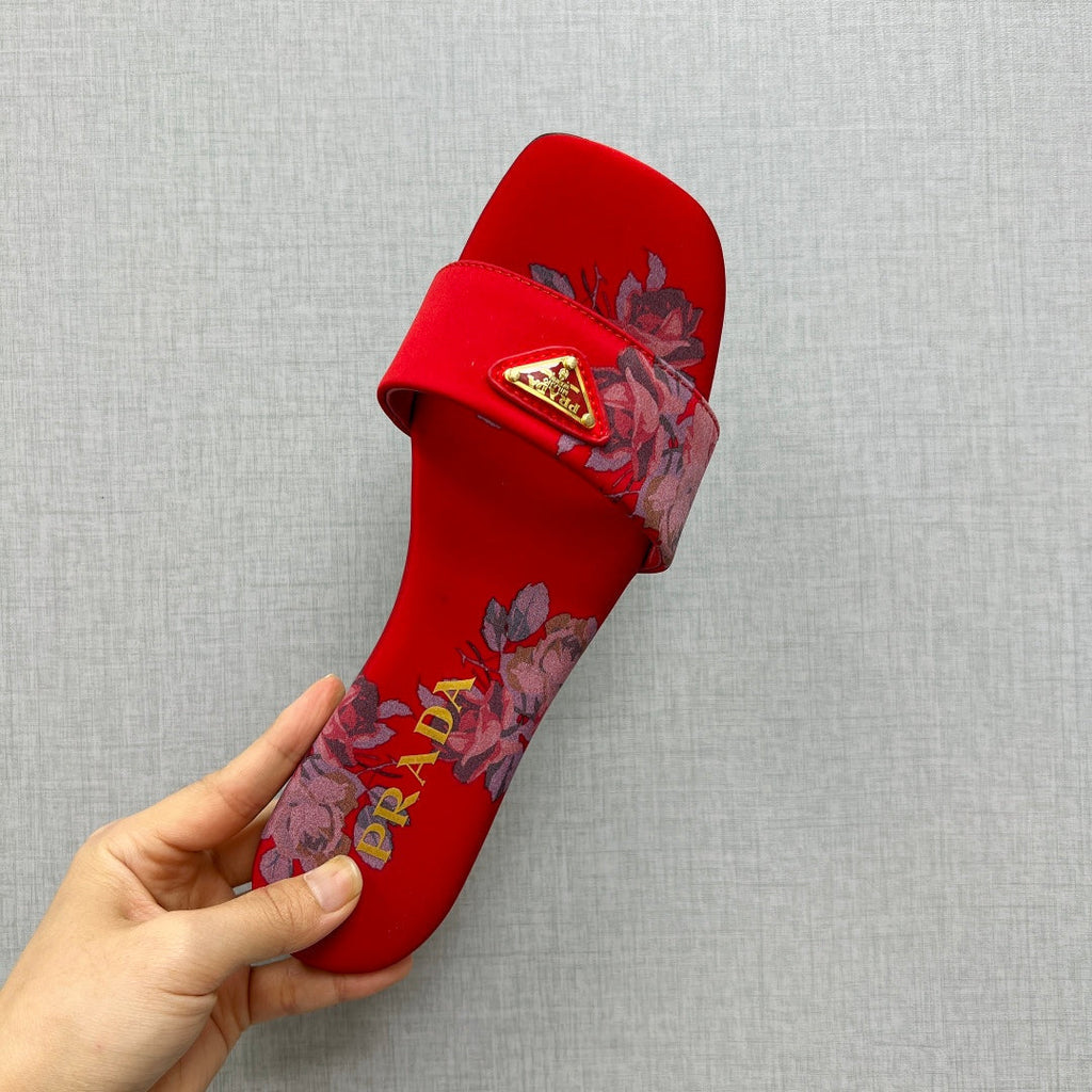 PRADA PRINTED SLIDES SLIPPERS RED SATIN