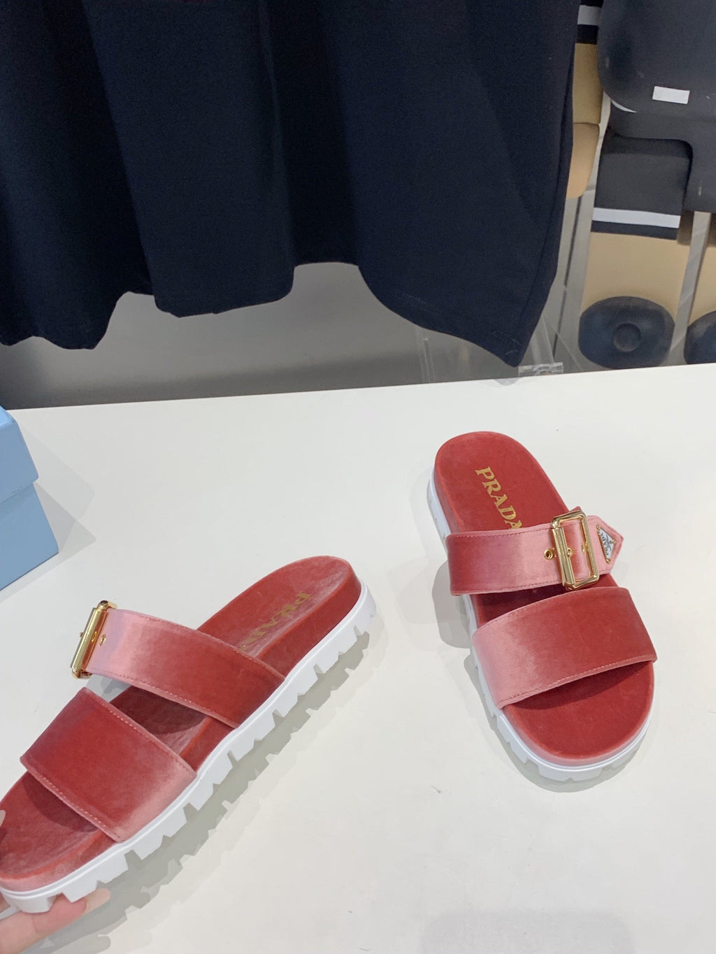 PRADA SLIDES SANLS RK PINK VELVET