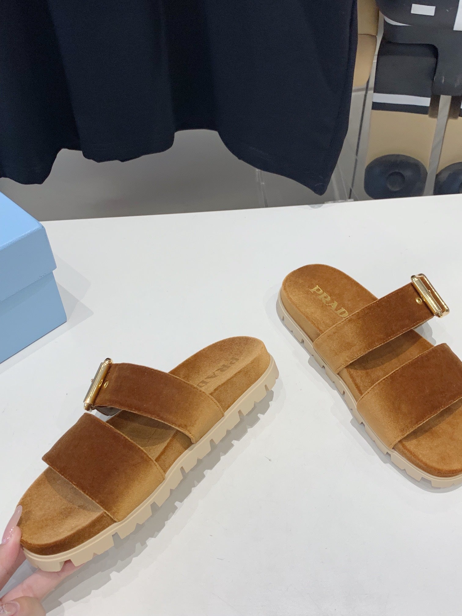 PRADA SLIDES SANLS CAMEL VELVET