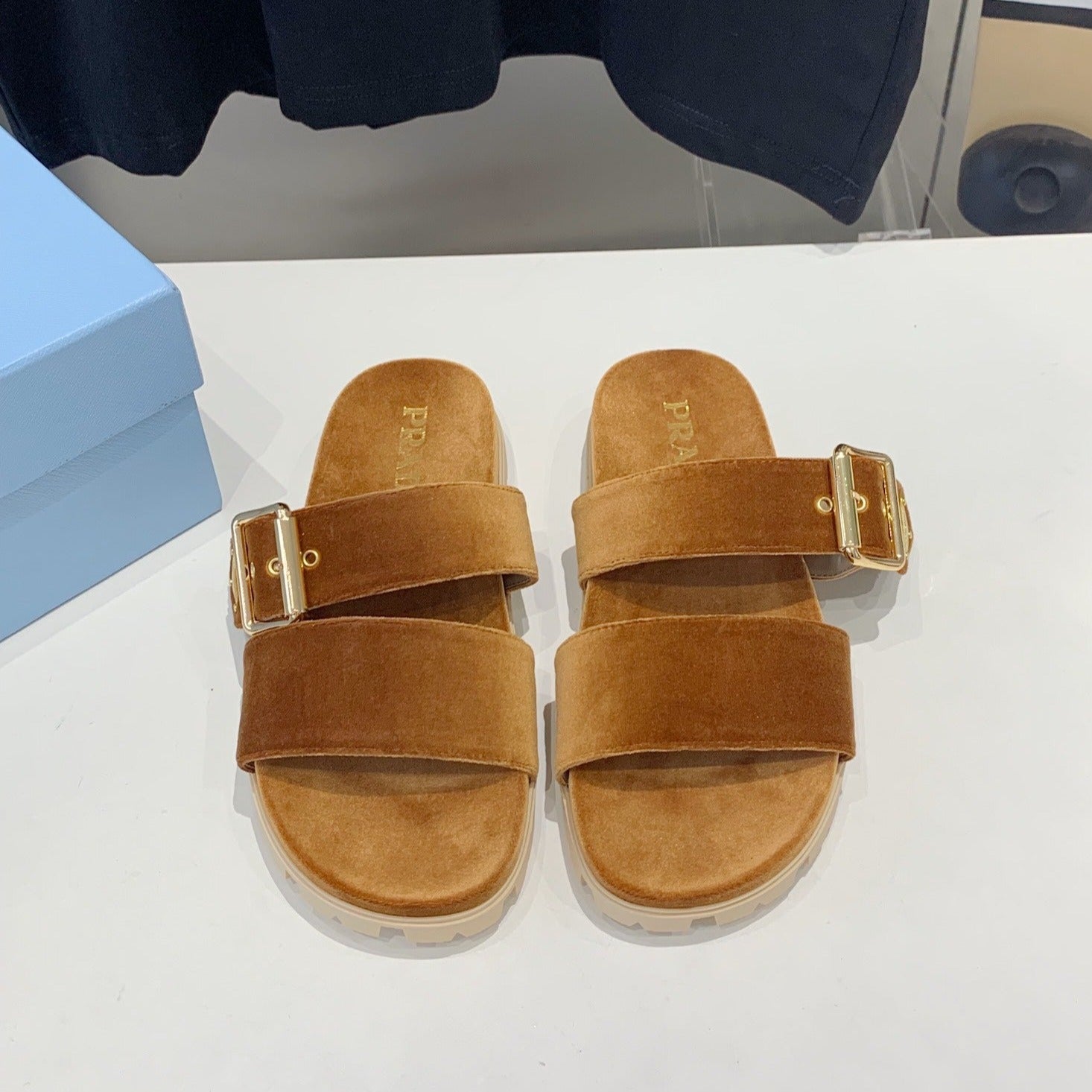 PRADA SLIDES SANLS CAMEL VELVET