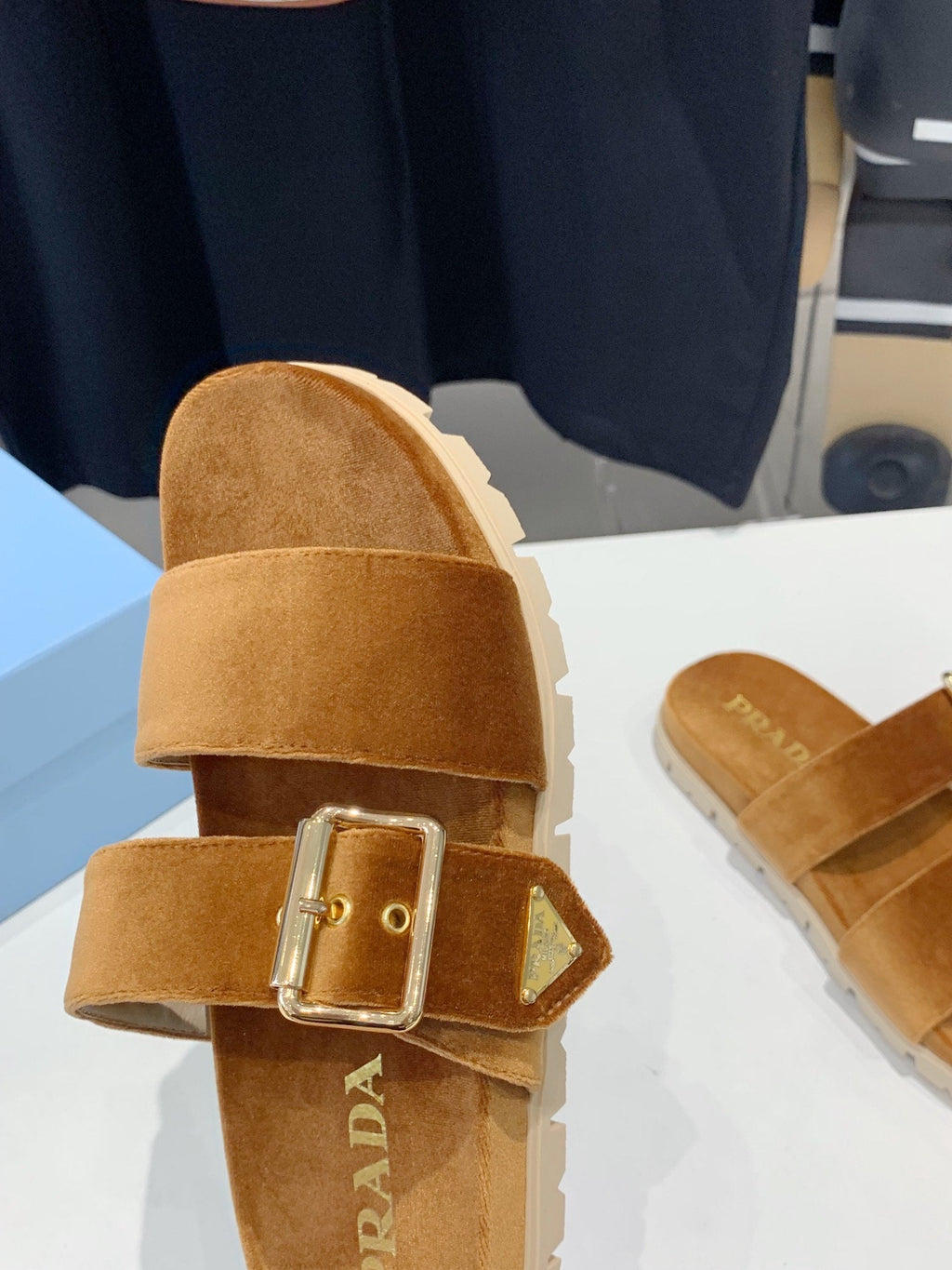 PRADA SLIDES SANLS CAMEL VELVET