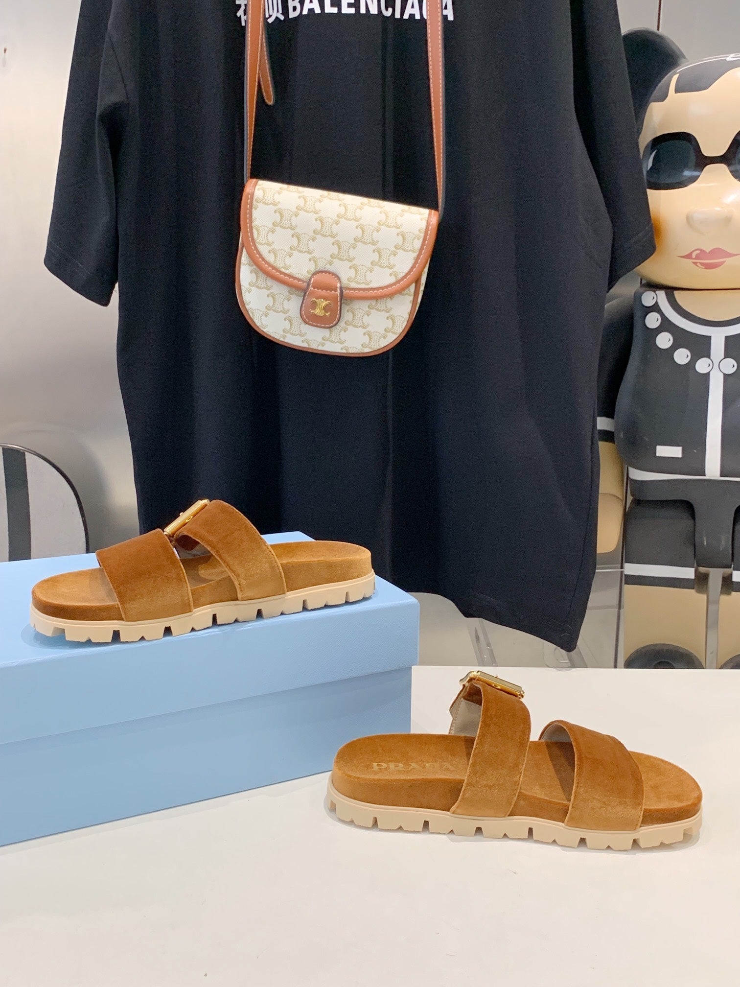 PRADA SLIDES SANLS CAMEL VELVET
