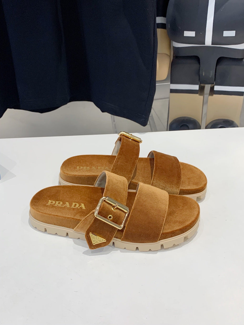 PRADA SLIDES SANLS CAMEL VELVET