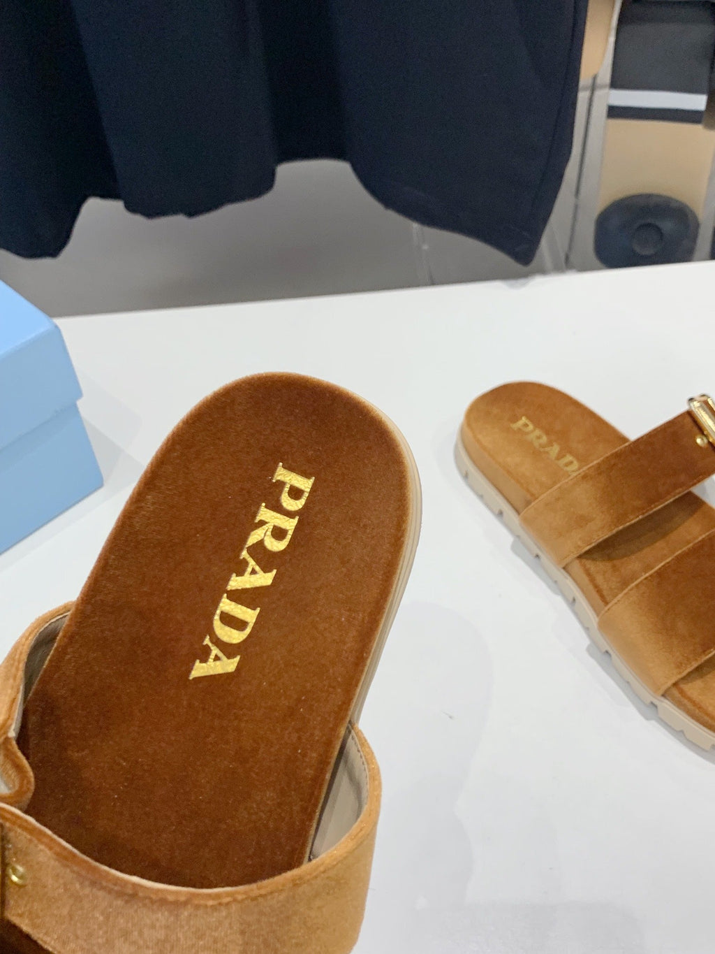 PRADA SLIDES SANLS CAMEL VELVET