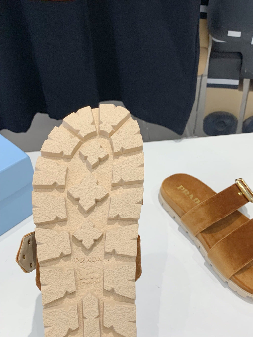 PRADA SLIDES SANLS CAMEL VELVET