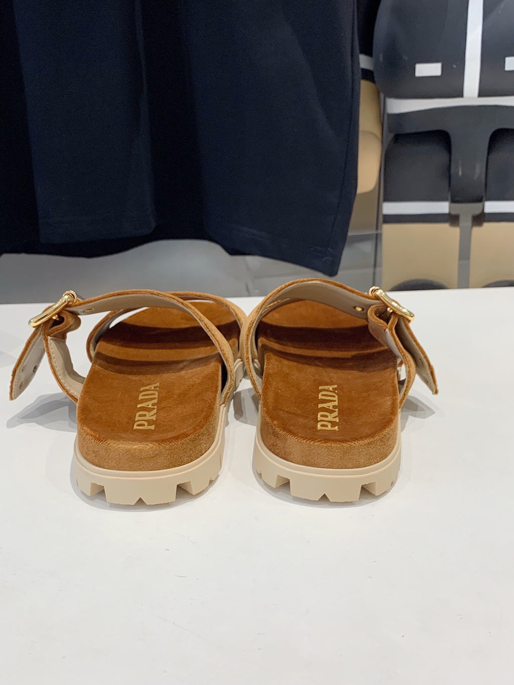 PRADA SLIDES SANLS CAMEL VELVET
