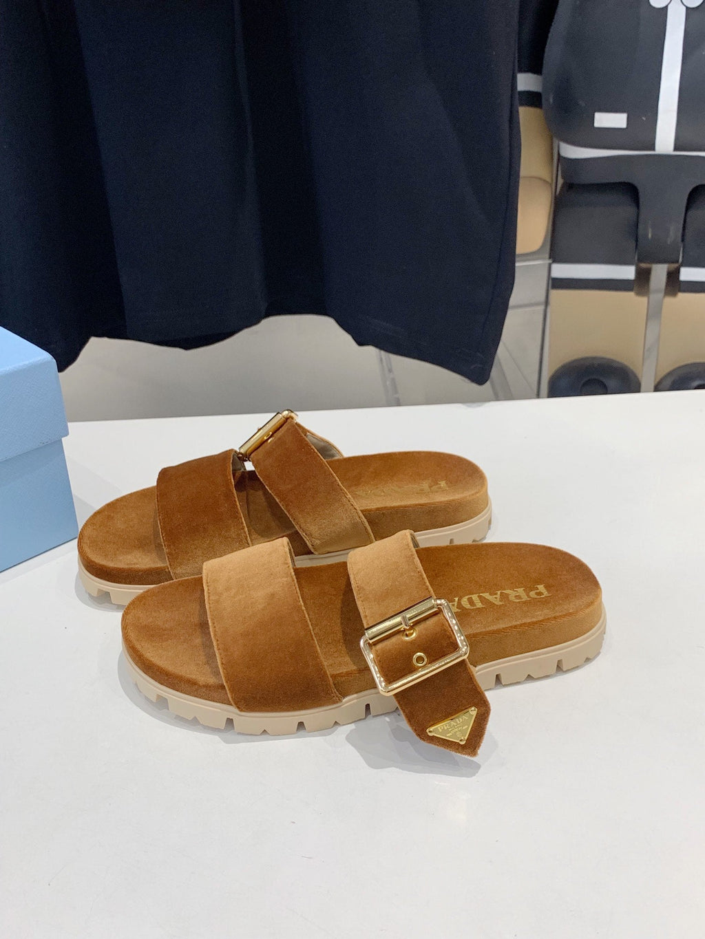 PRADA SLIDES SANLS CAMEL VELVET