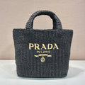 PRADA LARGE CROCHET TOTE BAG 47 IN BLACK MIX YELLOW RAFFIA