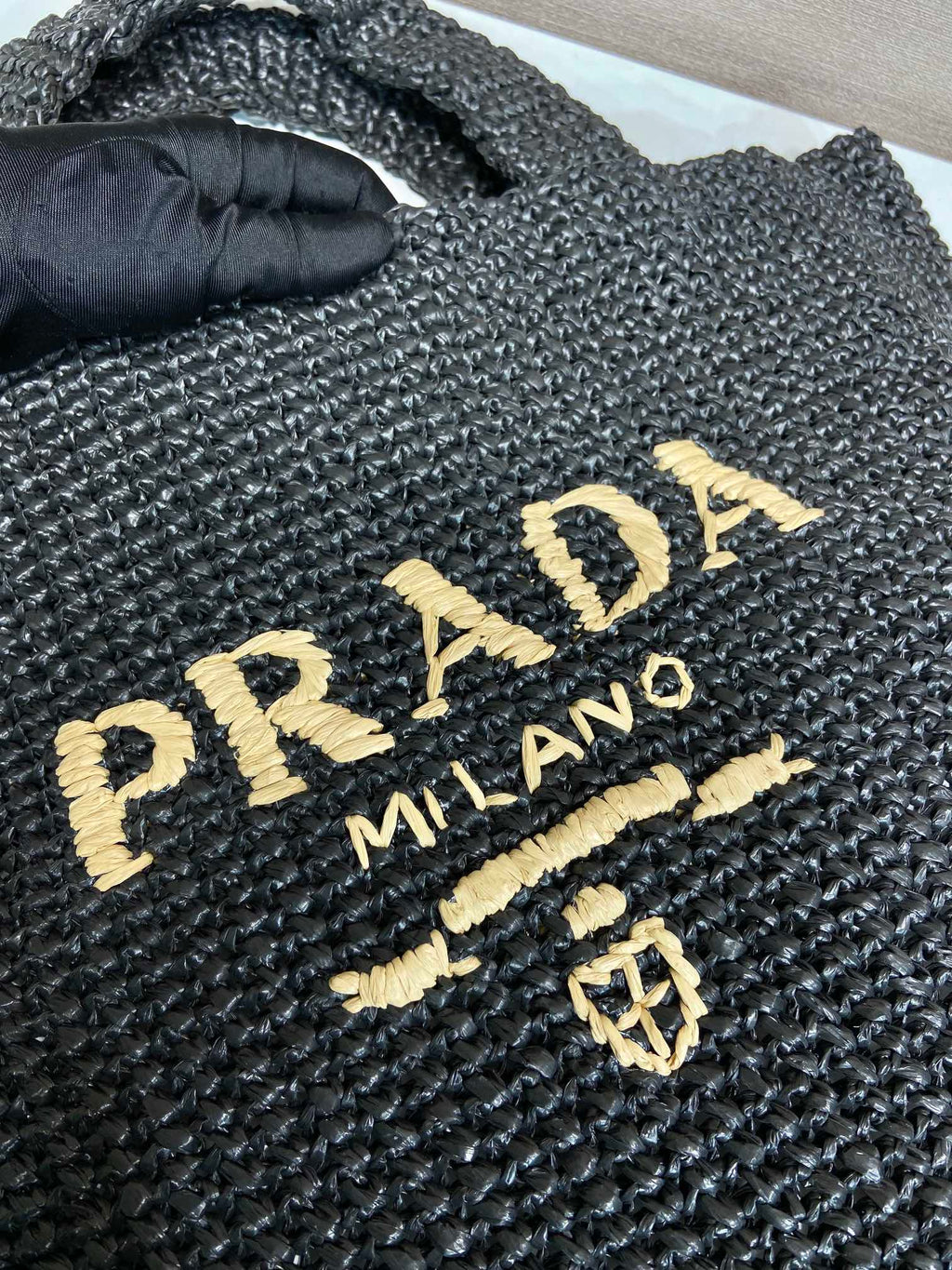 PRADA LARGE CROCHET TOTE BAG 47 IN BLACK MIX YELLOW RAFFIA