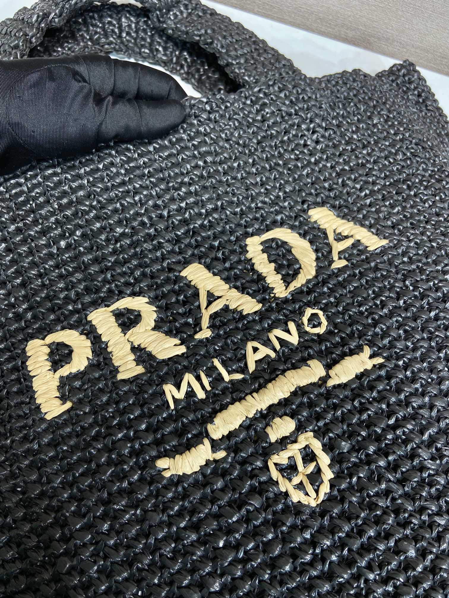 PRADA LARGE CROCHET TOTE BAG 47 IN BLACK MIX YELLOW RAFFIA