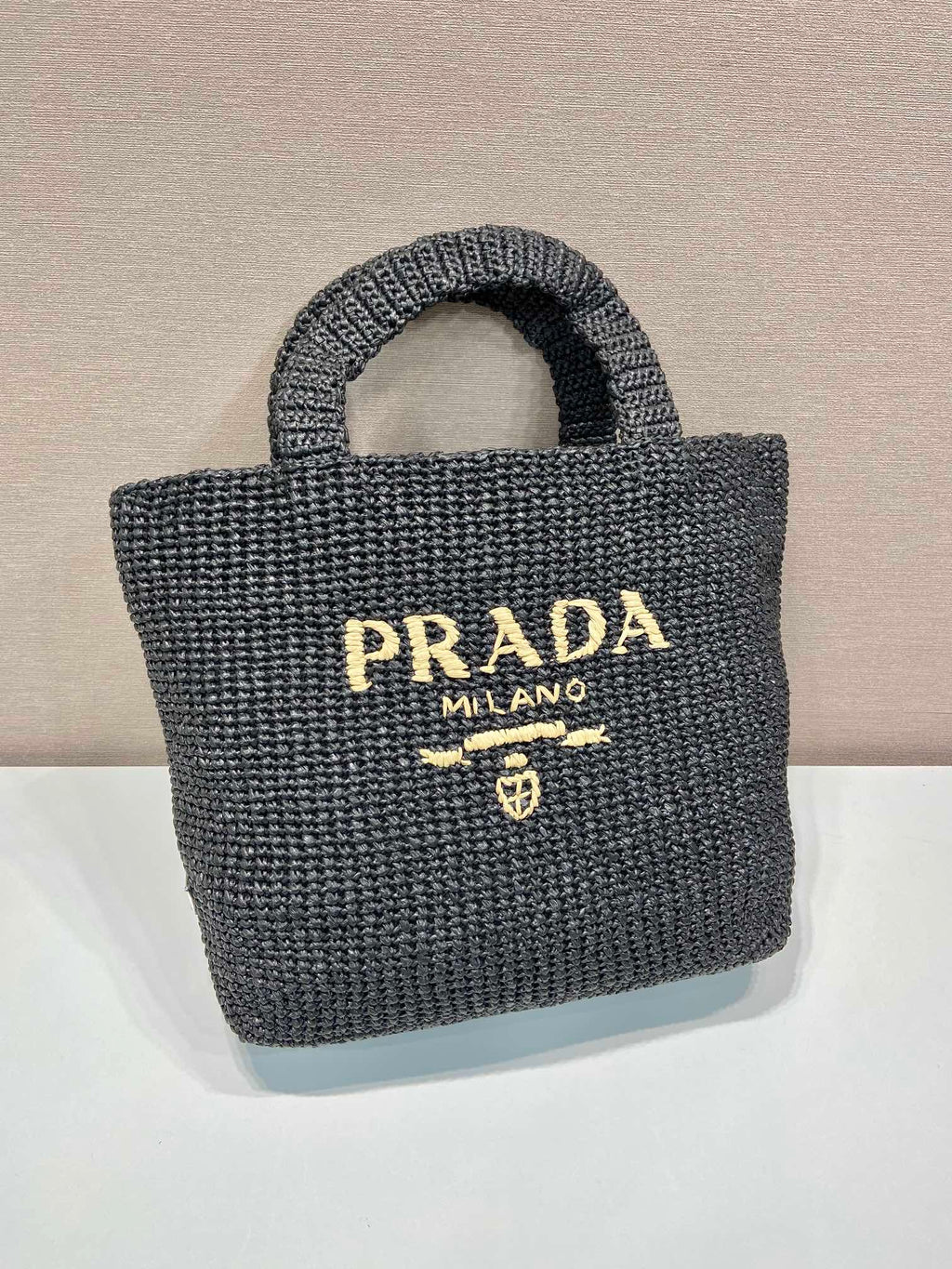 PRADA LARGE CROCHET TOTE BAG 47 IN BLACK MIX YELLOW RAFFIA