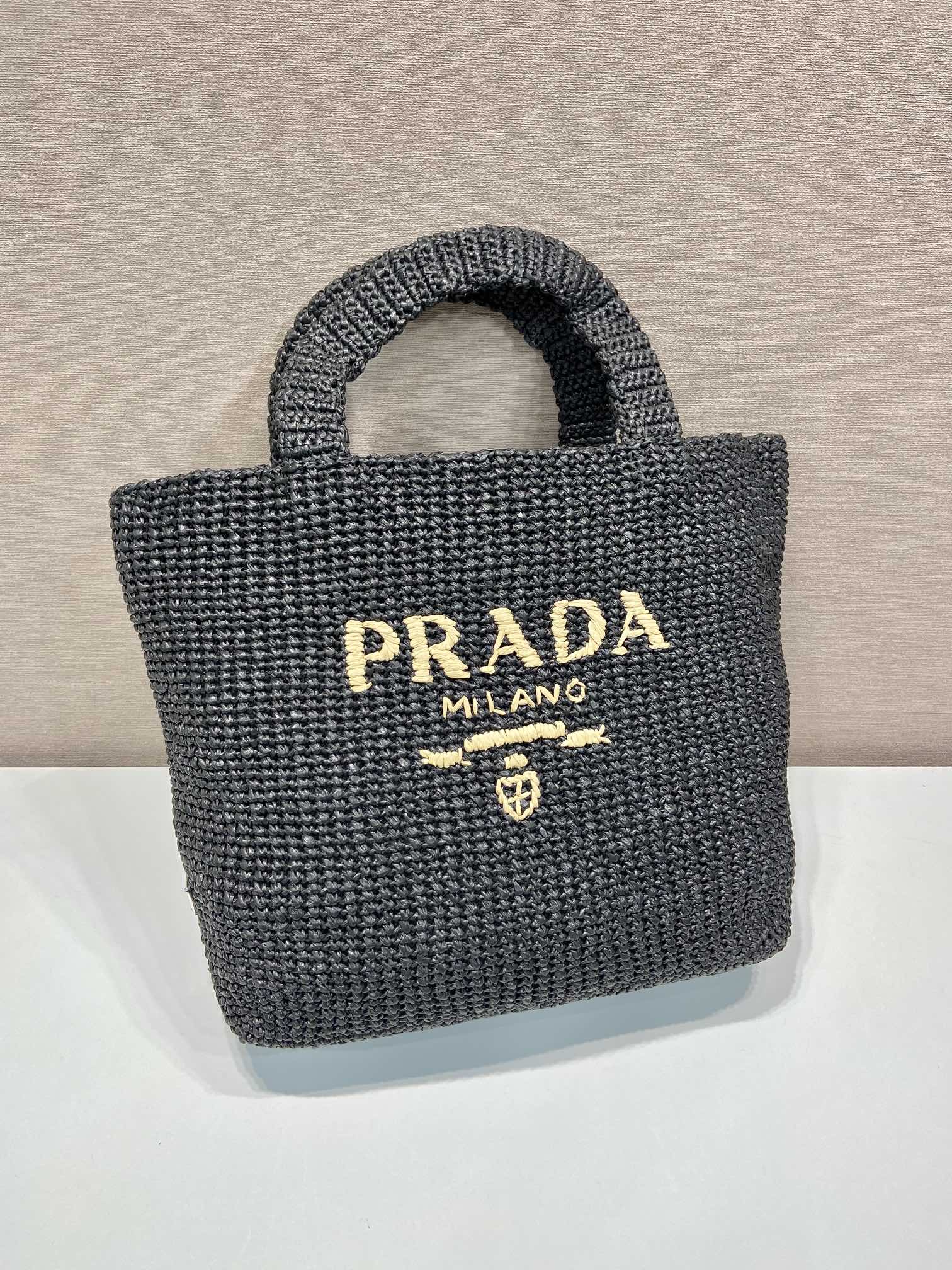 PRADA LARGE CROCHET TOTE BAG 47 IN BLACK MIX YELLOW RAFFIA