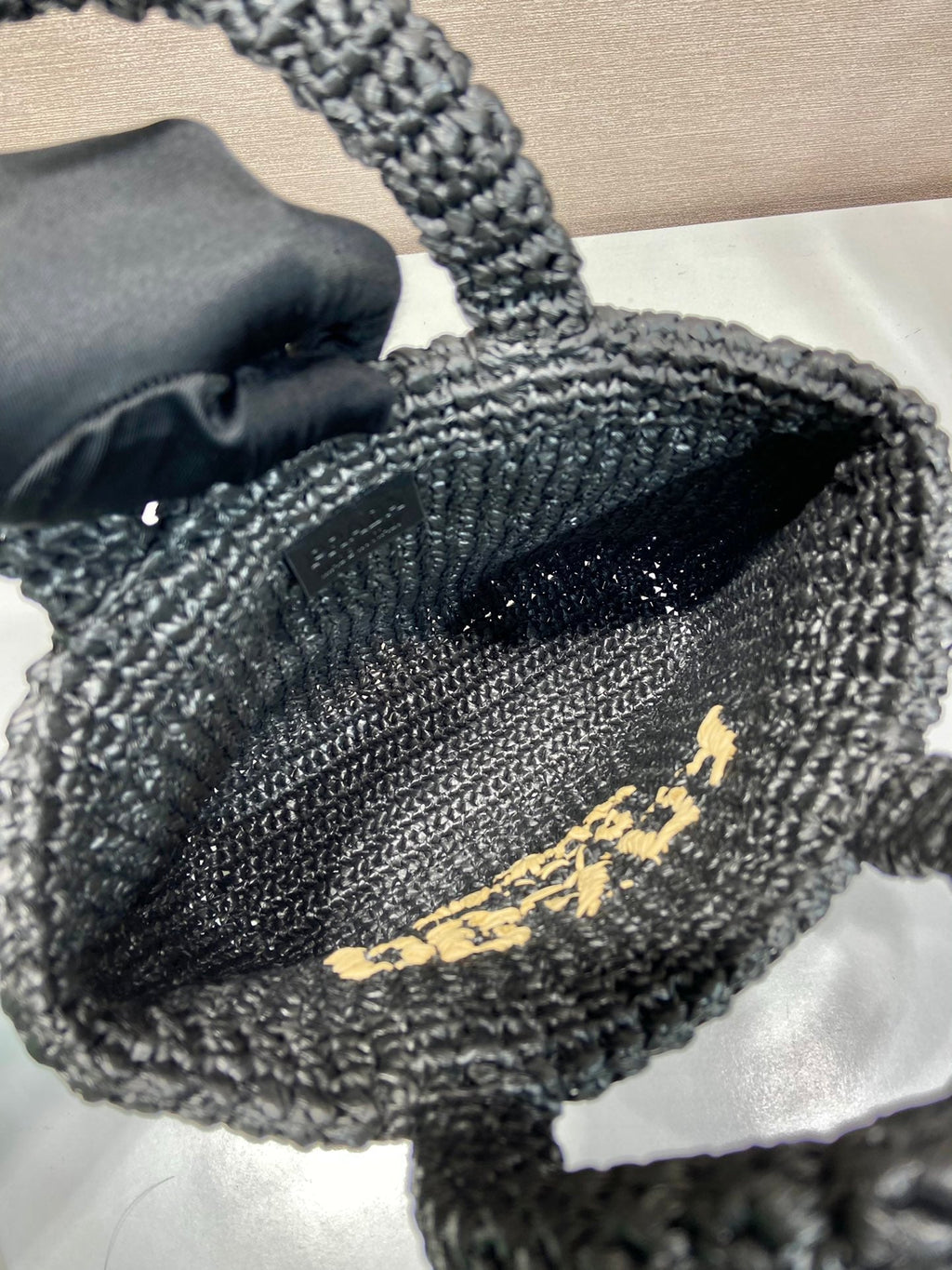 PRADA SMALL CROCHET TOTE BAG 24 IN BLACK MIX YELLOW RAFFIA