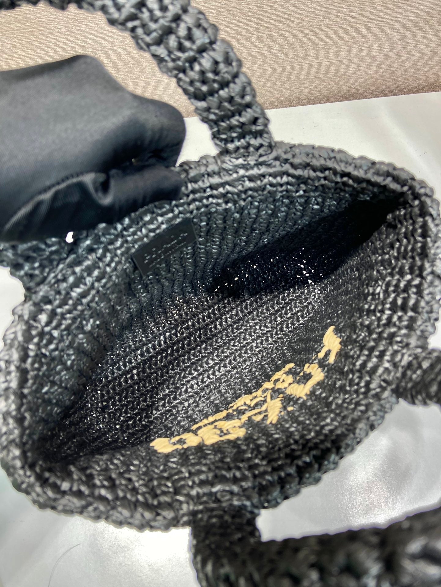 PRADA SMALL CROCHET TOTE BAG 24 IN BLACK MIX YELLOW RAFFIA
